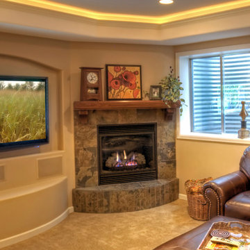 Close Up of Corner Fireplace in West Denver Basement Finish