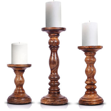 Hand Carved Mango Wood Candle Holders for Pillar Candles Set of 3