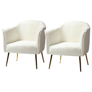 Upholstery Accent Barrel Chair With Ruched Design Set of 2, Ivory