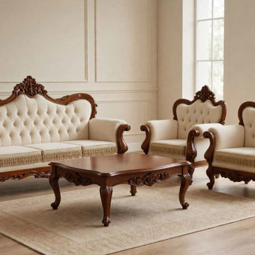 Luxury Solid Teak Wood Tufted Sofa | Hand Carved French Louis XV Living Room Set