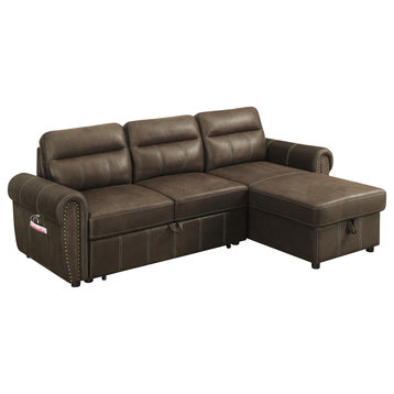 Hugo Brown Reversible Sleeper Sectional Sofa Chaise With USB Charger