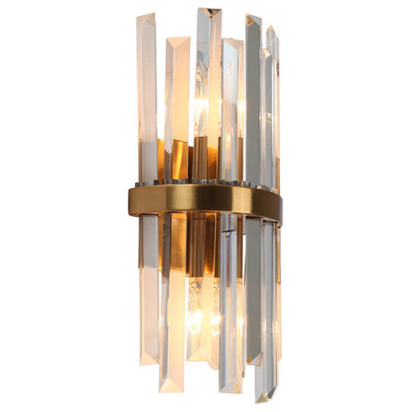 LNC 2-Light 6" Modern Brass Crystal Glass Wall Sconce, Vertical Prism Design
