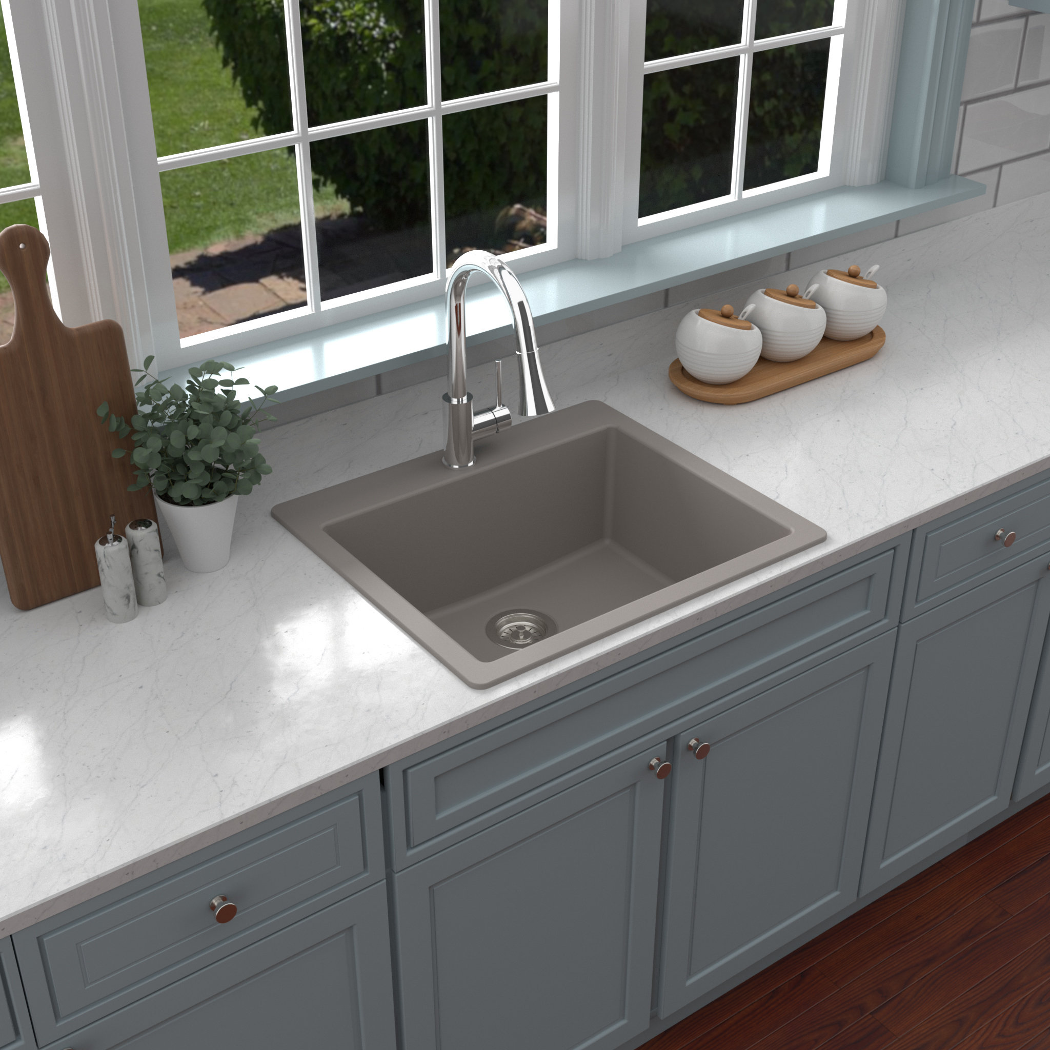 Karran QT-820 Top Mount 25" Single Bowl Quartz Kitchen Sink Kit, Concrete