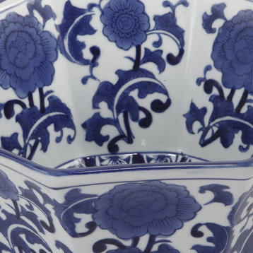 Benzara BM285587 11" Bowl With Floral Pattern on Blue and White Porcelain