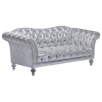 Chesterfield Loveseat, Metallic Silver Upholstery With Elegant Button Tufting