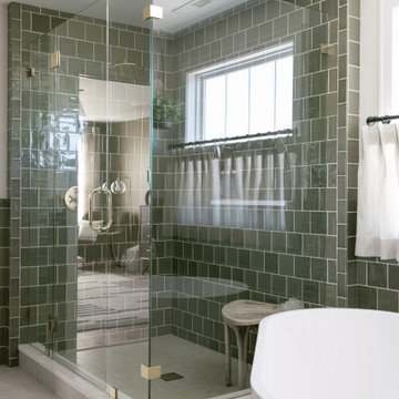 Glass Walk-In Shower Enclosure with Glossy Olive Green Subway Tile