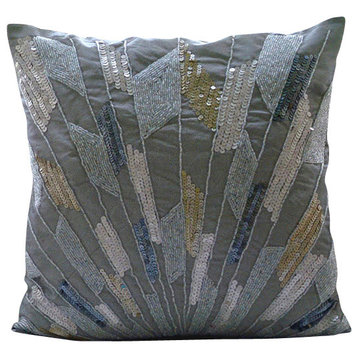 Geometric Sequins & Beaded Silver Art Silk 24"x24" Pillow Sham, Silver Glamor