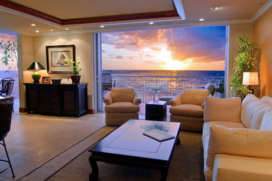 Inspiration for a large eclectic formal and open concept limestone floor living room remodel in Hawaii with brown walls