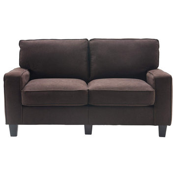 Modern Loveseat, Tapered Legs and Cushioned Seat With Track Arms, Dark Brown