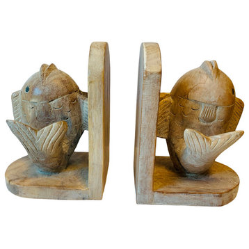 Fish Shaped Bookends Carved Wood Whitewash Finish