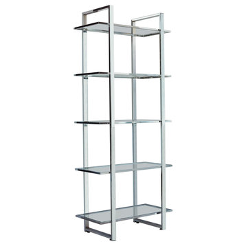 Tall Contemporary Bookcase, Metal Frame & Open Shelves With Glass Panels, Chrome