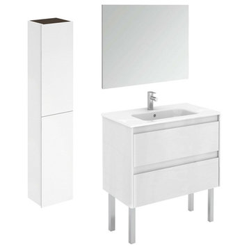 Ambra 80F Pack 2 Freestanding Bathroom Vanity w/ Mirror & Column in Matte White