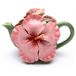 Cosmos Gifts Corp - Hibiscus Teapot, 8 oz. - The Hibiscus Teapot makes an elegant addition to a tea party. This hand-painted green ceramic teapot features stunning pink hibiscus decorations and a small butterfly ornament. Holds 8 ounces. Hand wash only.