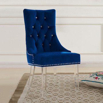 Bailee Modern and Tufted Dining Chair, Blue Velvet With Acrylic Legs