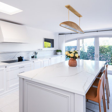 White Kitchen with Shaker Cabinets and Marble Benchtops