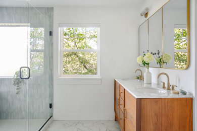 Example of a 1960s master green tile white floor and double-sink alcove shower design in Portland with white walls, an undermount sink, a hinged shower door, white countertops and a freestanding vanity