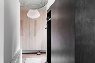 Inspiration for a mid-sized contemporary entry hall in Melbourne with white walls, medium hardwood floors, brown floor and wood walls.