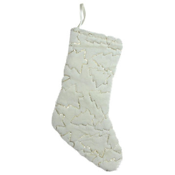 18" Gilded White Christmas White Faux Fur Stocking With Gold Sequined Trees