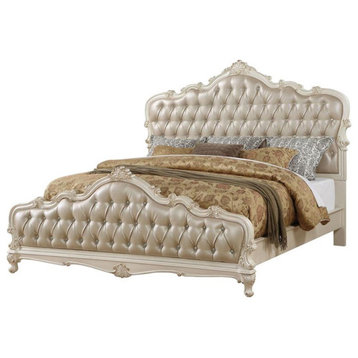 Bowery Hill Eastern King Tufted Faux Leather Bed in Rose Gold and Pearl White