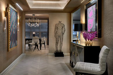 Mid-sized eclectic light wood floor and beige floor foyer photo in Chicago with beige walls