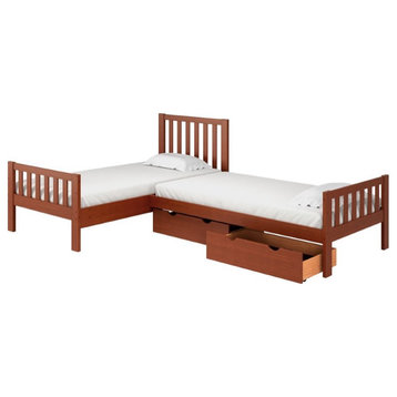 Alaterre Aurora Corner L-Shaped Twin Wood Bed Set with Storage Drawers-Chestnut
