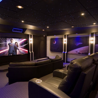 Photo of a contemporary home cinema in Baltimore with purple floors.