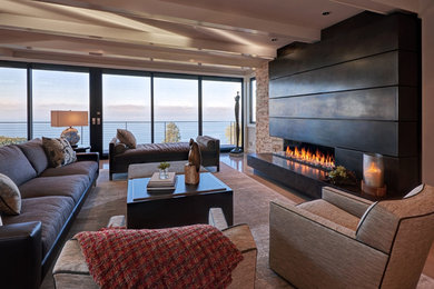 Living room - mid-sized contemporary formal and open concept porcelain tile and beige floor living room idea in Phoenix with gray walls, a ribbon fireplace, a concrete fireplace and no tv