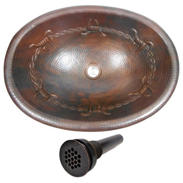 Oval Copper Bathroom Sink in Aged Copper with Barbed Wire Design & 19-Hole Drain