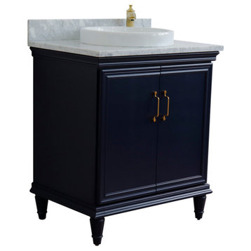 31" Single Vanity, Blue Finish With White Carrara And Round Sink