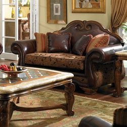 AICO Furniture - Toscano High Back Leather and Fabric Loveseat in Brick - 34925- - Fabric