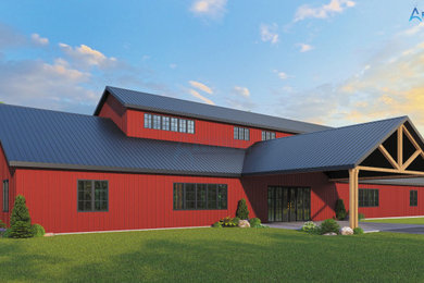 Mid-sized farmhouse red one-story metal and board and batten exterior home photo in Wilmington with a metal roof and a blue roof