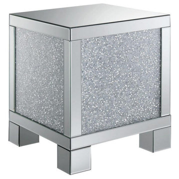 Benzara BM208170 Wooden End Table with Crystals on Mirrored Panel, Silver &Clear