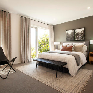 Inspiration for a contemporary master bedroom in Melbourne with green walls, carpet and grey floor.