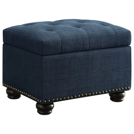 Elegant Button Tufted Storage Ottoman, Blue Fabric