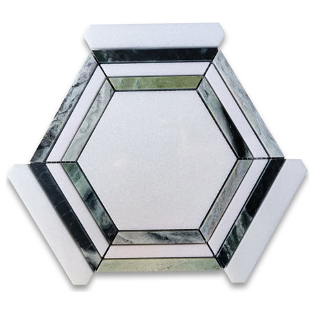 Thassos White Marble Hexagon Georama Mosaic Tile Sagano Vibrant Green, 1 sheet