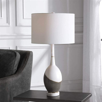 Modern Table Lamp, Two Tone Base With Brushed Accents, White Drum Shade
