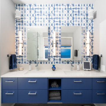 Floating Vanity with Wallpaper and Built-In Speakers
