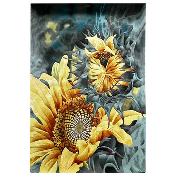 Large Rectangular Sun Flower Motif Graphic Wool Rug Carpet Hcs7529