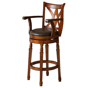 Elegant Bar Stool, Armed Design With Swiveling Seat and Geometric Patterned Back