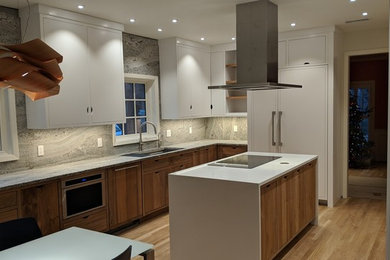 Enclosed kitchen - mid-sized contemporary galley light wood floor and brown floor enclosed kitchen idea in Dallas with beaded inset cabinets, white cabinets, granite countertops, gray backsplash, stone slab backsplash, stainless steel appliances, an island and gray countertops