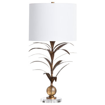 Mandalay 3-Way Palm Fronds Metal Table Lamp with White Linen Shade