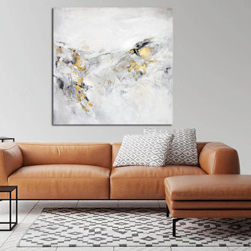Large Abstract Art Painting in Neutral Colors with Gold Leaf Foil
