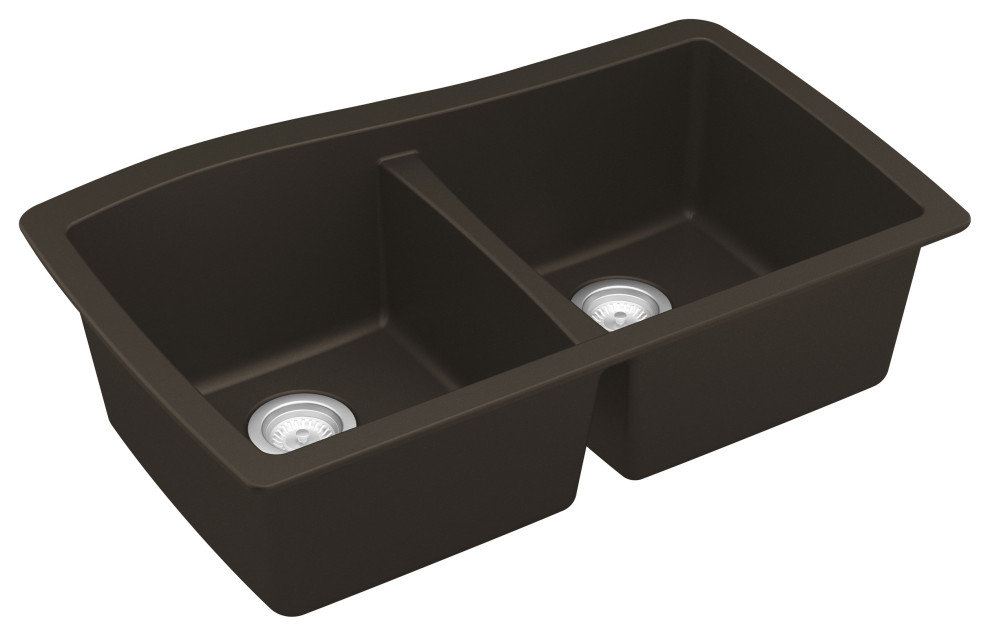 Karran Undermount Quartz 33" 50/50 Double Bowl Kitchen Sink, Brown