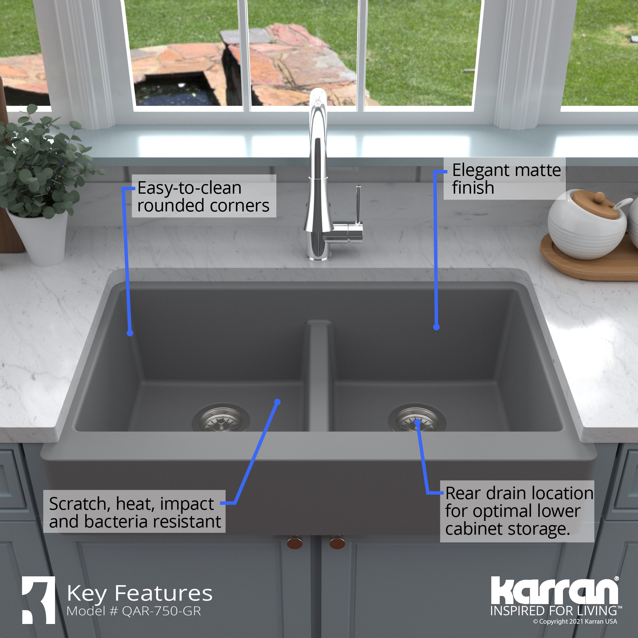 Karran Retrofit Farmhouse Quartz 34" Double Bowl Sink, Grey
