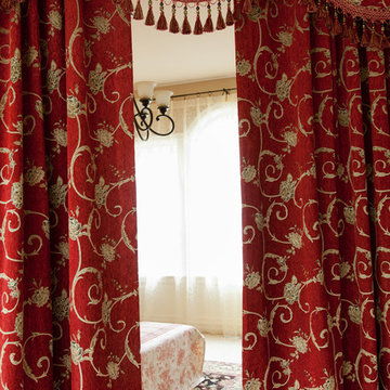 "Louis XVI Royal Red" Elegant Designer Curtains with Valance, Swags and Tails