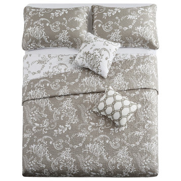 LA Boheme 5 Piece Printed Bed Spread Set, Taupe, Oversize King