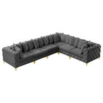 Meridian Furniture - Tremblay Modular Sectional, Grey, L-Shaped, 6-Piece: Armless (3), Corner (3) - Lean back and relax on this Tremblay sectional. Featuring soft grey velvet upholstery with deep button tufting, this sectional adds a bold touch to any living space. A complete set of gold and chrome legs are included, so you can change it up to suit your home decor. This sectional is modular, so you can create infinite configurations with it, which are easily attached using the latch underneath the frame. Its contemporary design is perfect for the modern home.