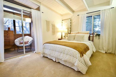 ソルトレイクシティにある小さな北欧スタイルのおしゃれな客用寝室 (白い壁、カーペット敷き、ベージュの床、板張り天井)