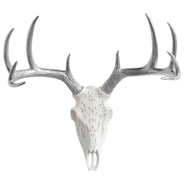 Faux Deer Skull Native American Carving Wall Decor, White and Silver