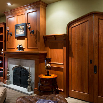 Study Fireplace Wood Paneling with Pocket Doors